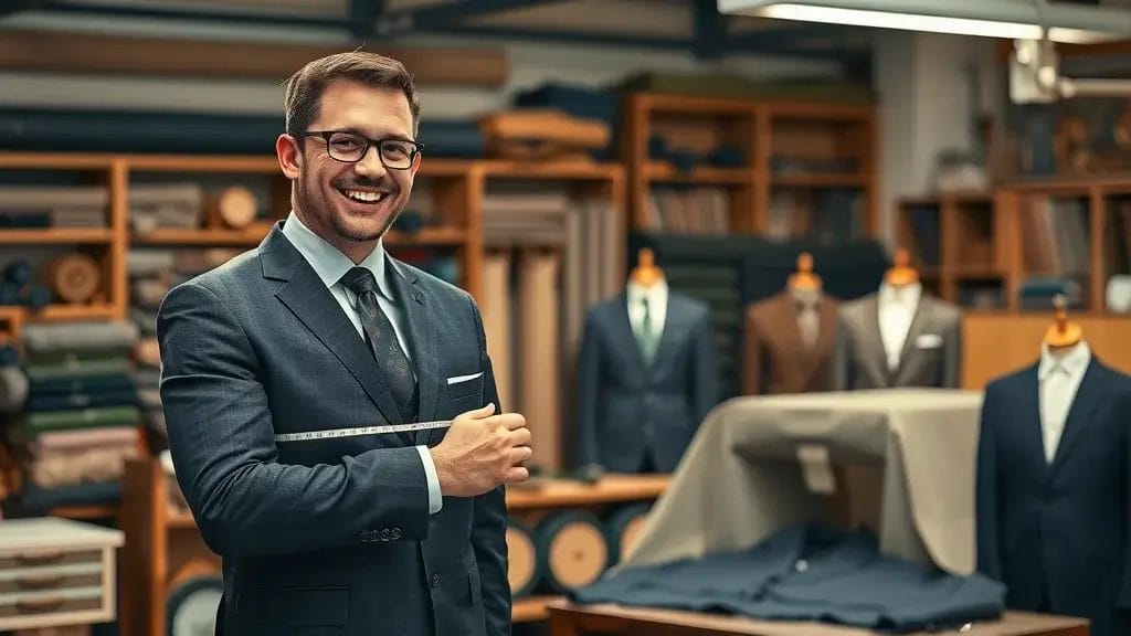 Tailor measuring client and assembling suit pieces during tailor made suit creation in New Zealand with high-end fabric and tools visible.