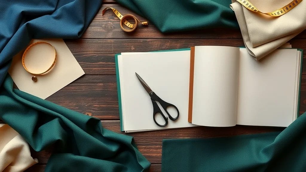 Flat lay of luxury suit fabrics and tailoring tools with swatches, scissors, and tape measure. Tailor made suits, fabric options, and tailoring detail for mens tailor in NZ.