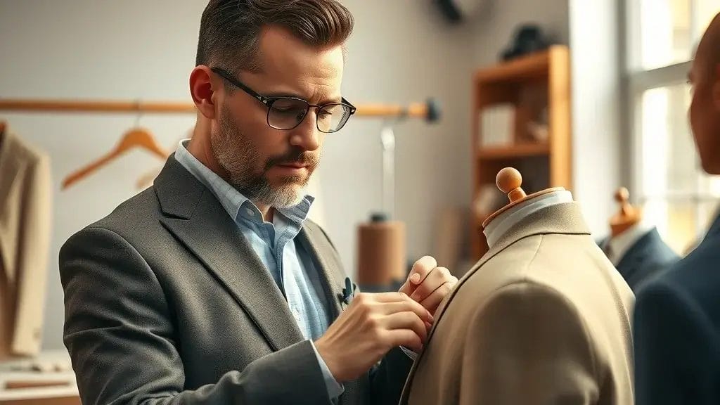 Experienced mens tailor at work pinning and measuring fabric on a jacket in a sunlit boutique, showing fabric grain detail, tailor made suits in New Zealand.