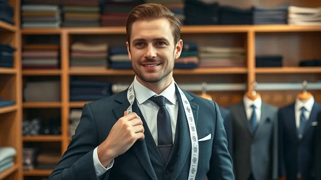 Elegant male client in a perfectly fitted bespoke suit with a mens tailor adjusting the lapel in a classic upscale tailor shop. Mens tailor, tailor made suits, New Zealand market.