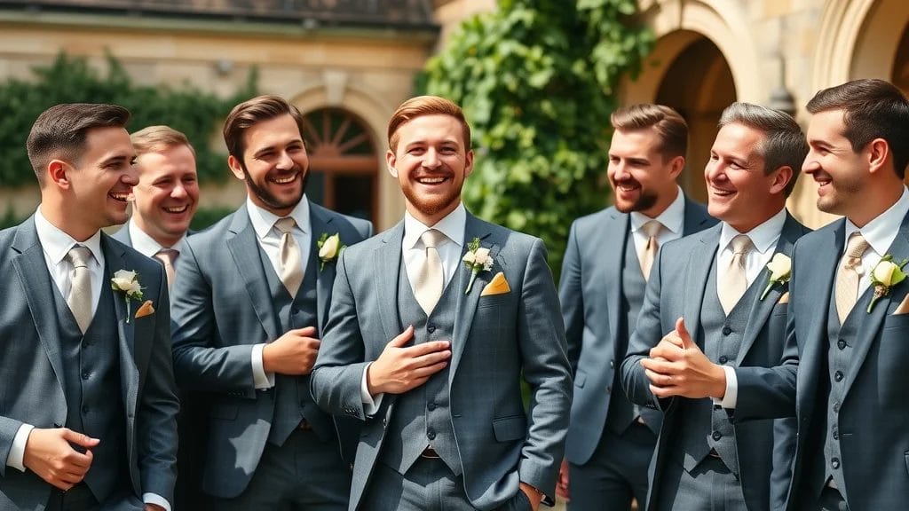 Group of groomsmen and groom in bespoke suits, smiling and interacting outdoors before a wedding in New Zealand, highlighting the value of a mens tailor.